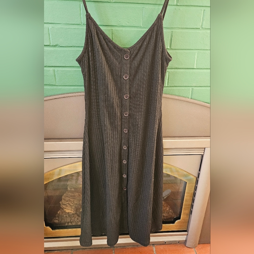 Wishlist Black Ribbed Button-Front Midi Slip Dress